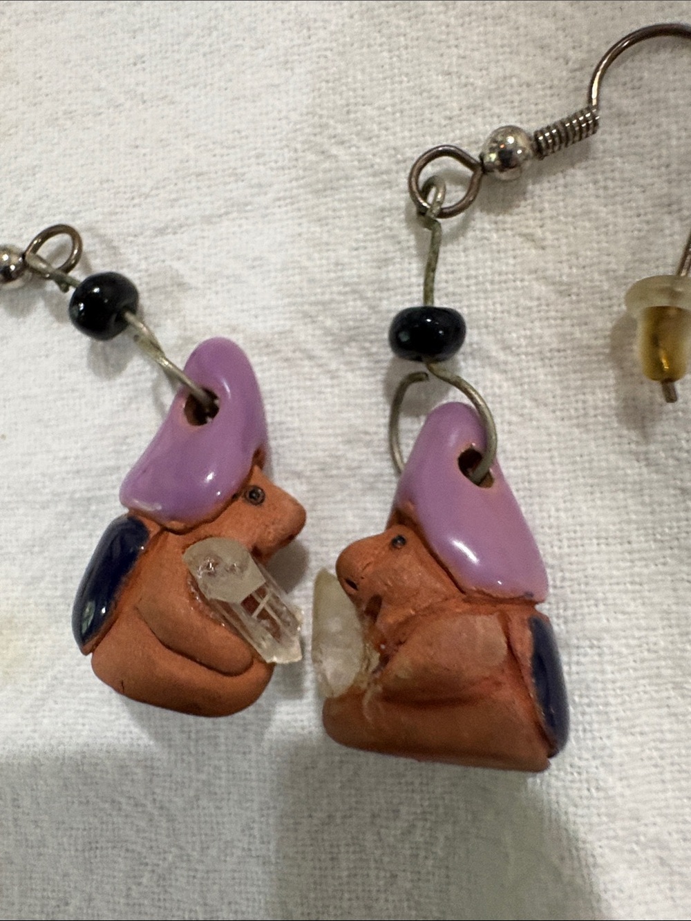 Handcrafted Purple-Hat Gnome Earrings with Crystal Accent